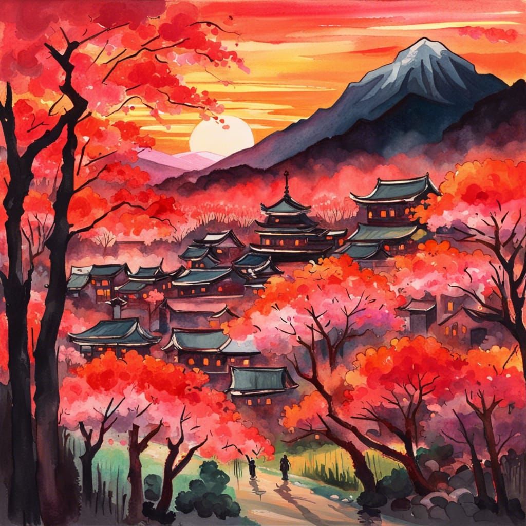Japanese Village Sunset in Gouache Style