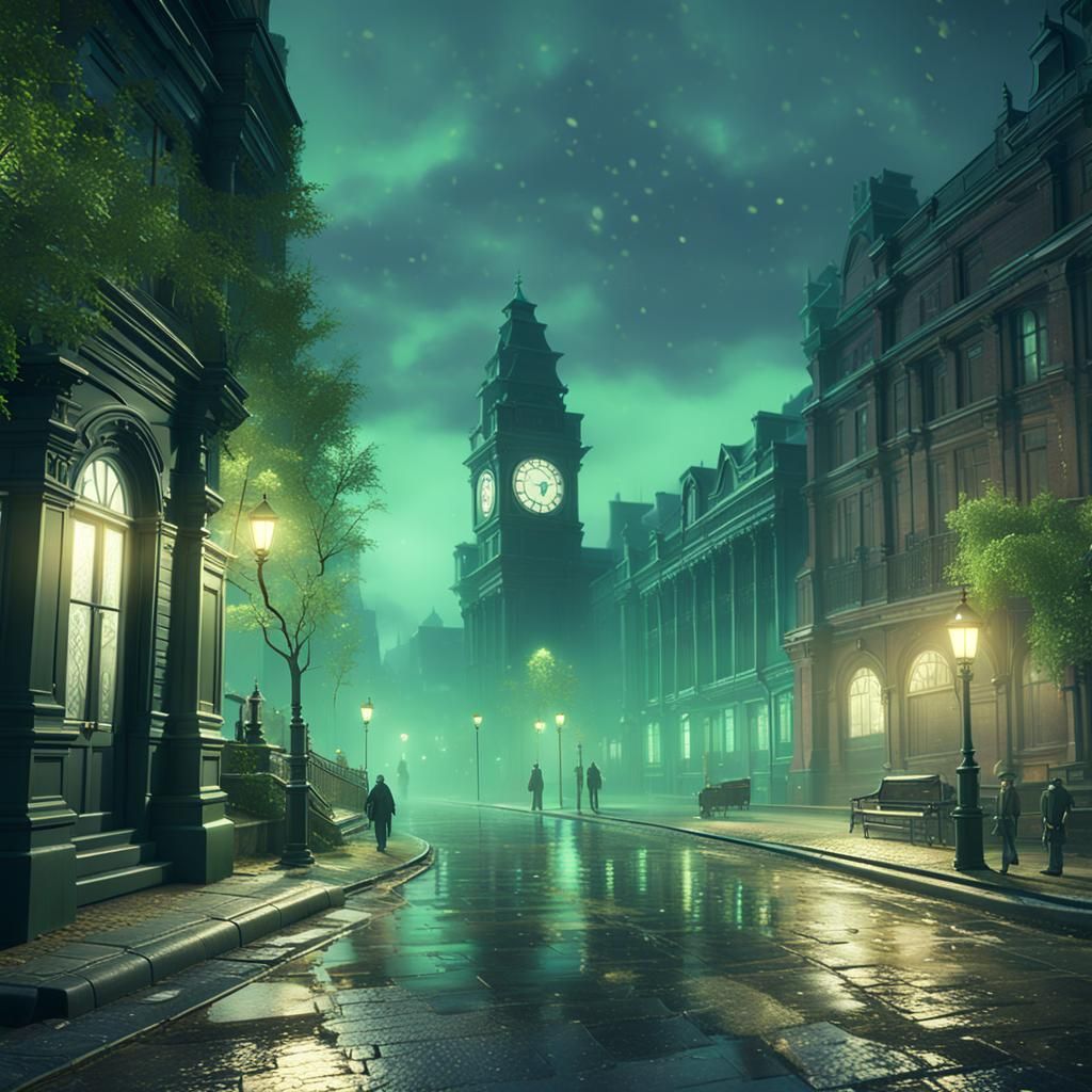 Victorian City at Night with Green Fog