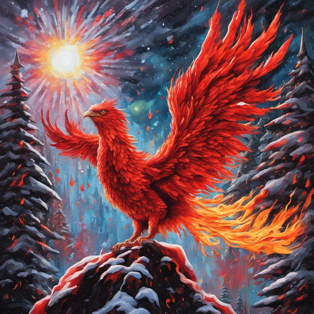 Fiery Phoenix Lights Winter Forest: Graffiti Art