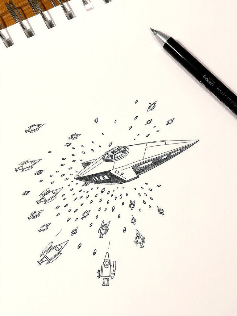 Spaceship Under Attack: Hand-Drawn Pen Sketch