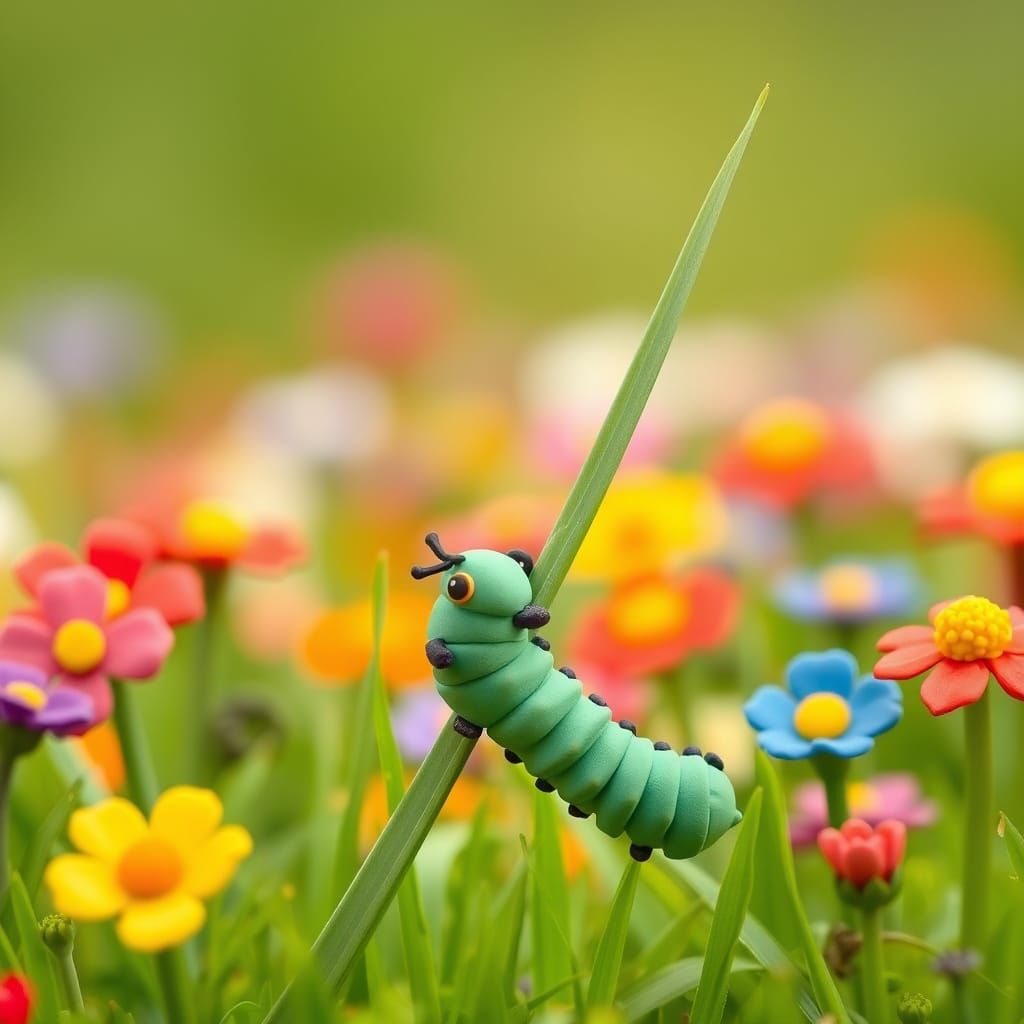 Playful Playdoh Caterpillar Climbing a Grass Blade