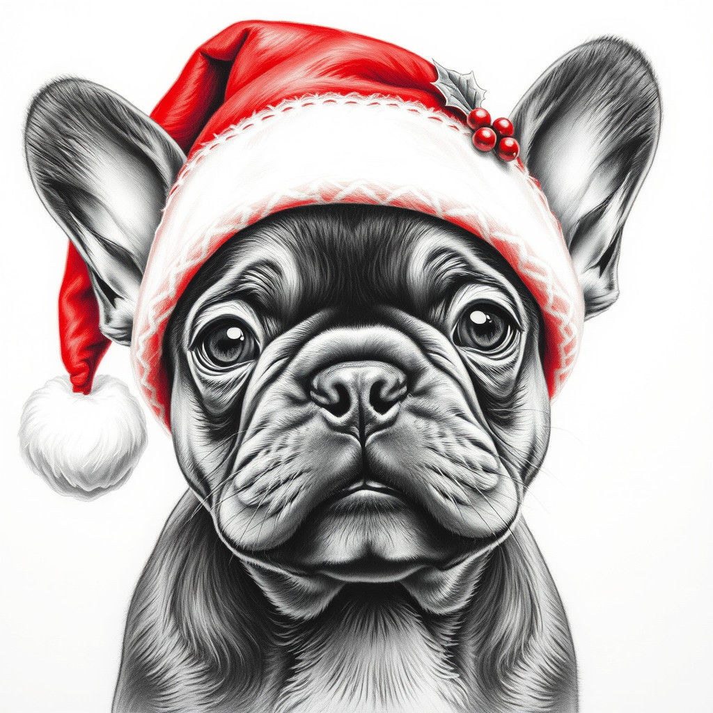 Charcoal Drawing of Frenchie Puppy in Santa Hat