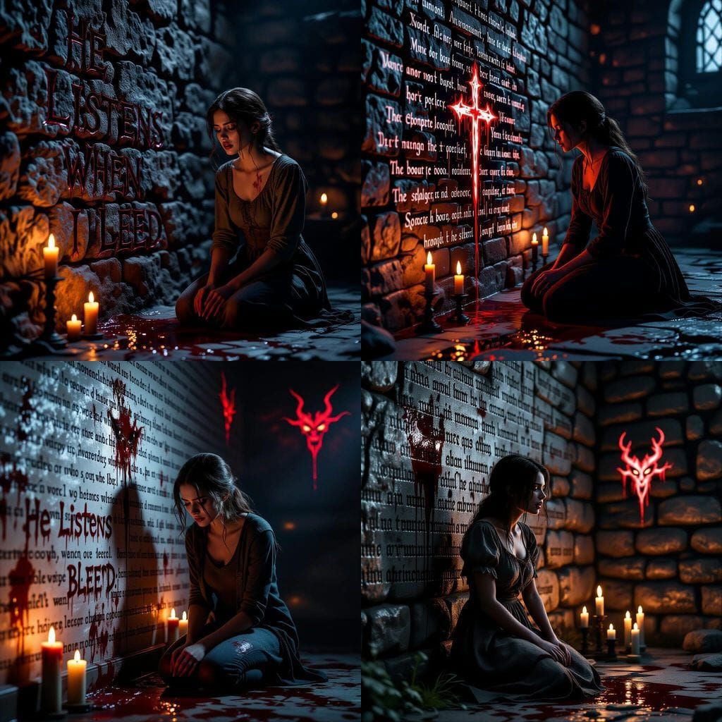 Horror Scene: Woman Writes in Blood by Flickering Candleligh...