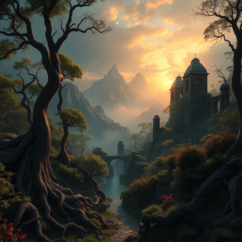 Ethereal Fantasy Realm in Muted Blues and Golden Light