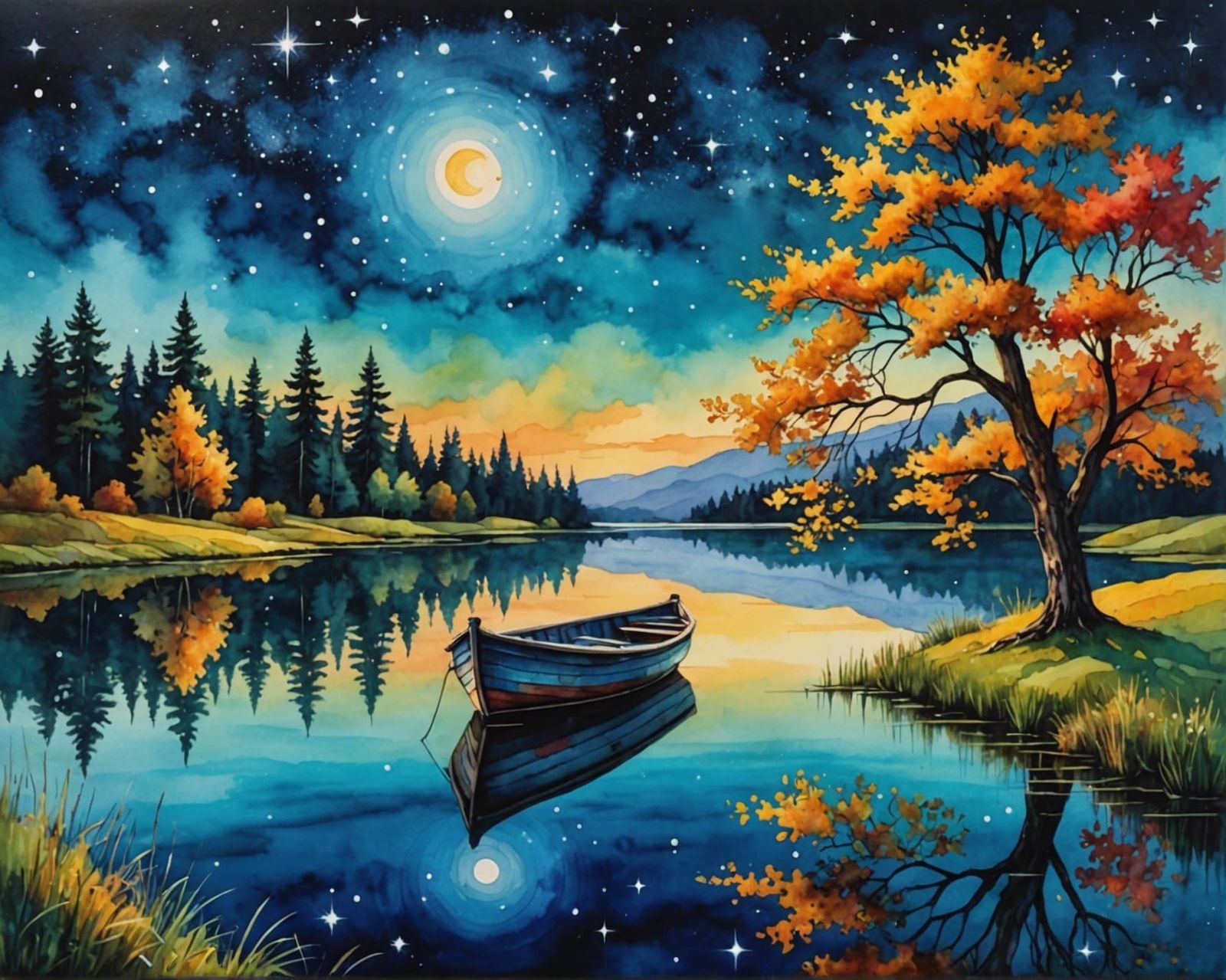 Colorful Lakeside Boat in Stylized Watercolor Painting