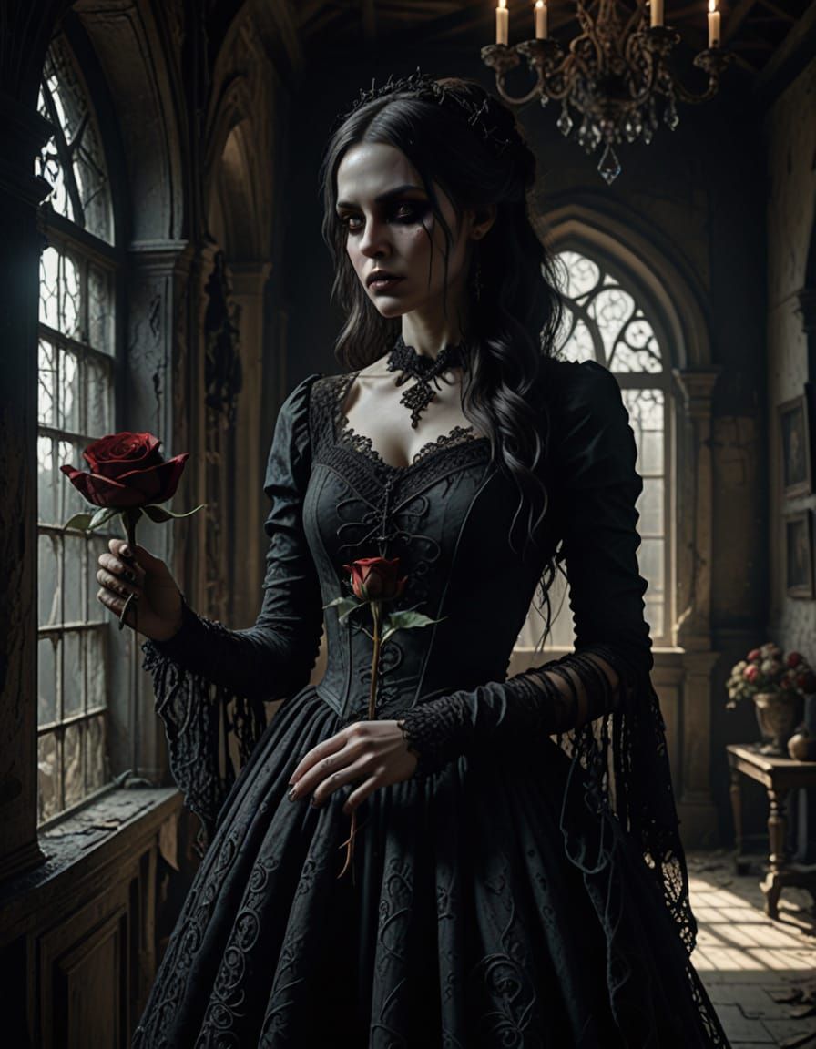 Gothic Woman with Withered Rose in Eerie Old House