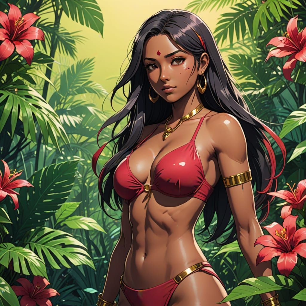Vibrant Anime Portrait of an Indian Woman in a Ruby Bikini