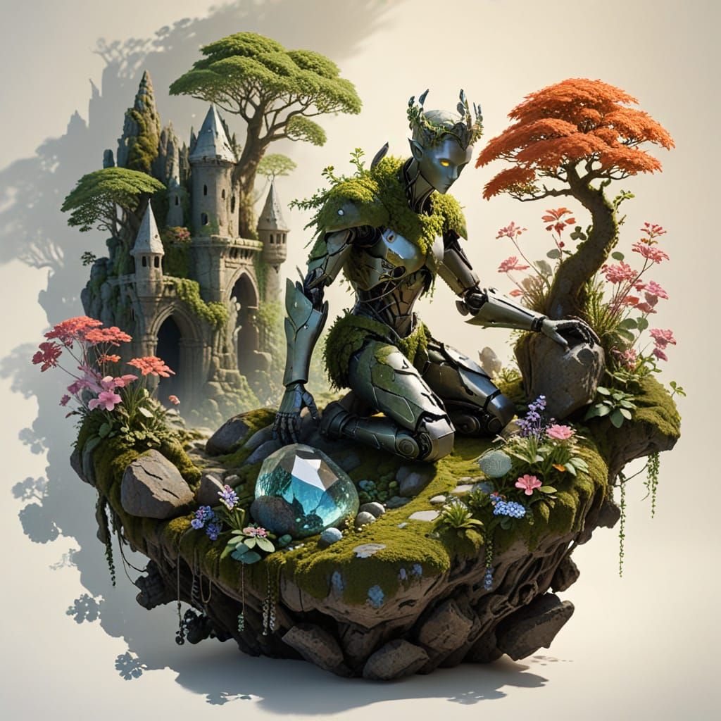 Mystical Lush Garden with Crystal Rock Golem