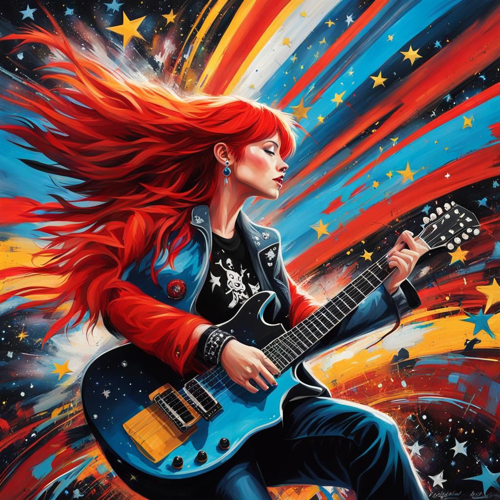 Rockstar with Guitar Flying in Starry Graffiti Sky