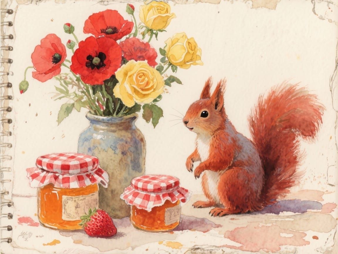 Squirrel with Flowers and Jams in Watercolor Style