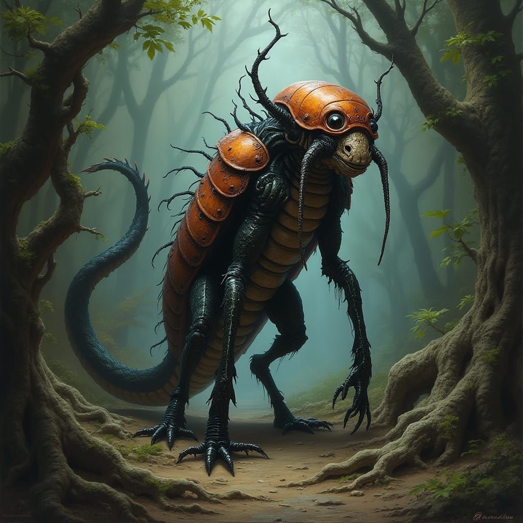 Dark Fantasy Hybrid Creature in a Twisted Forest