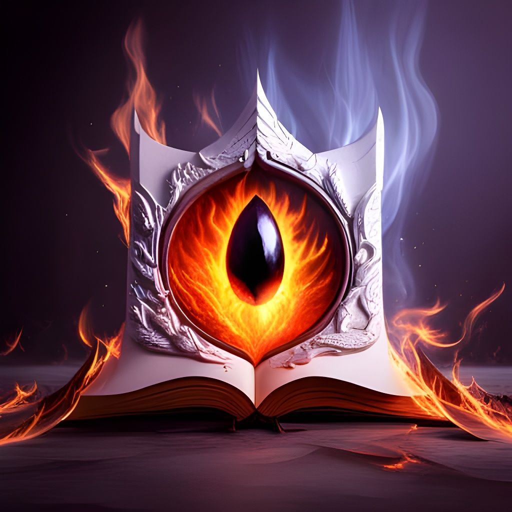 Floating Dragon Eye Book in Flames: 3D Render