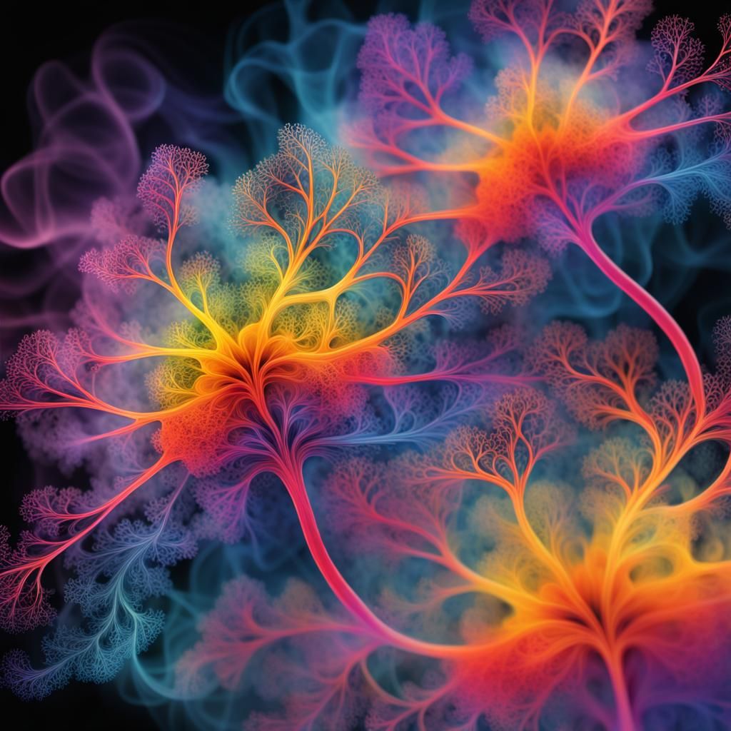 Vibrant Neuron Flowers in Abstract Fractal Haze