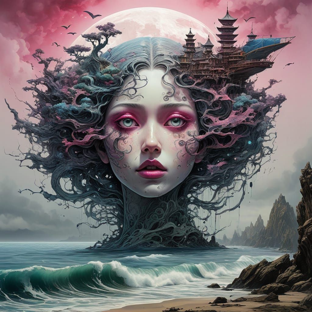 Mysterious Pink Moon Goddess Watches Over a Sailor on a Fant...