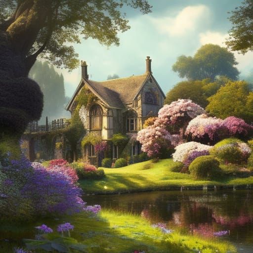 Victorian Gothic Lakeside Village with Cottage Garden