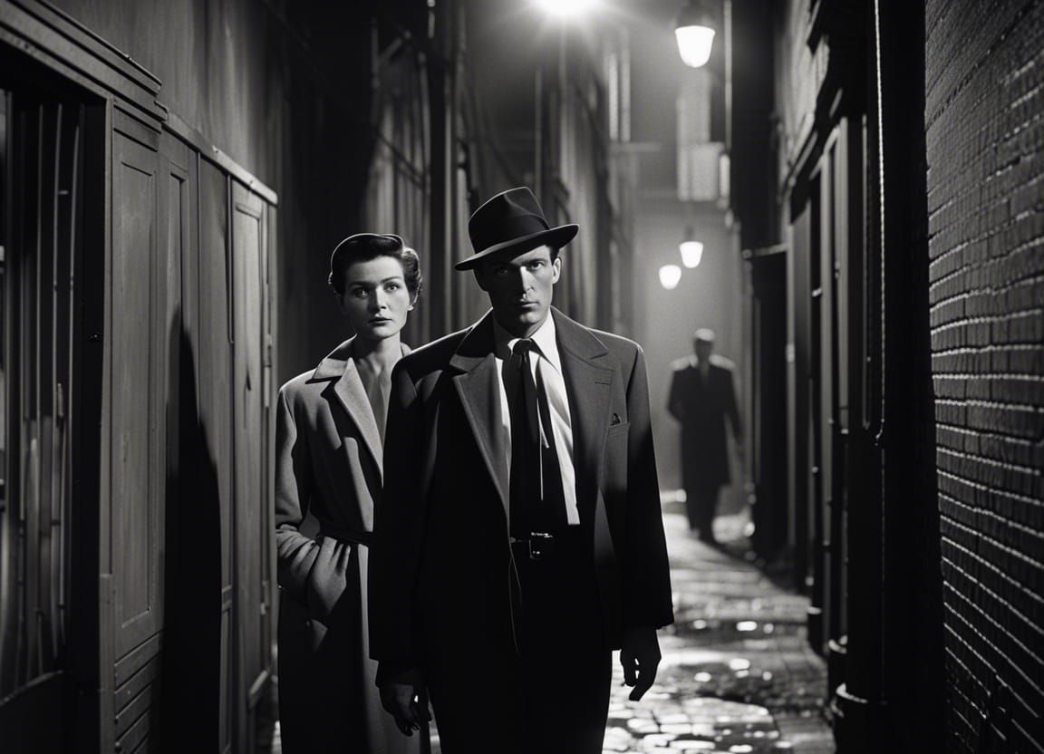 1950s Spy Movie Still: Alleyway Pursuit in Black and White