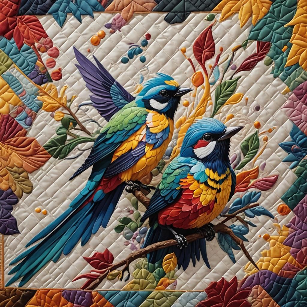 Colorful Bird on Quilt in Hyperrealistic Splash Art