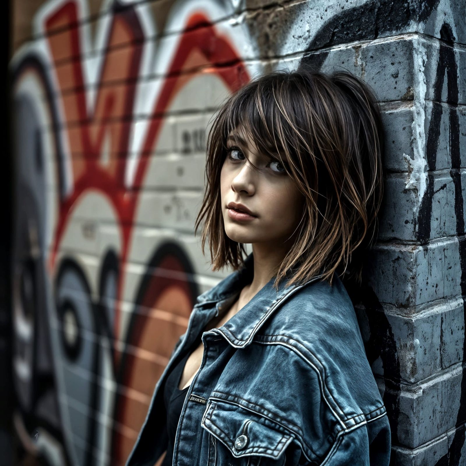 Urban Rebel Girl Leans Against Graffiti Wall