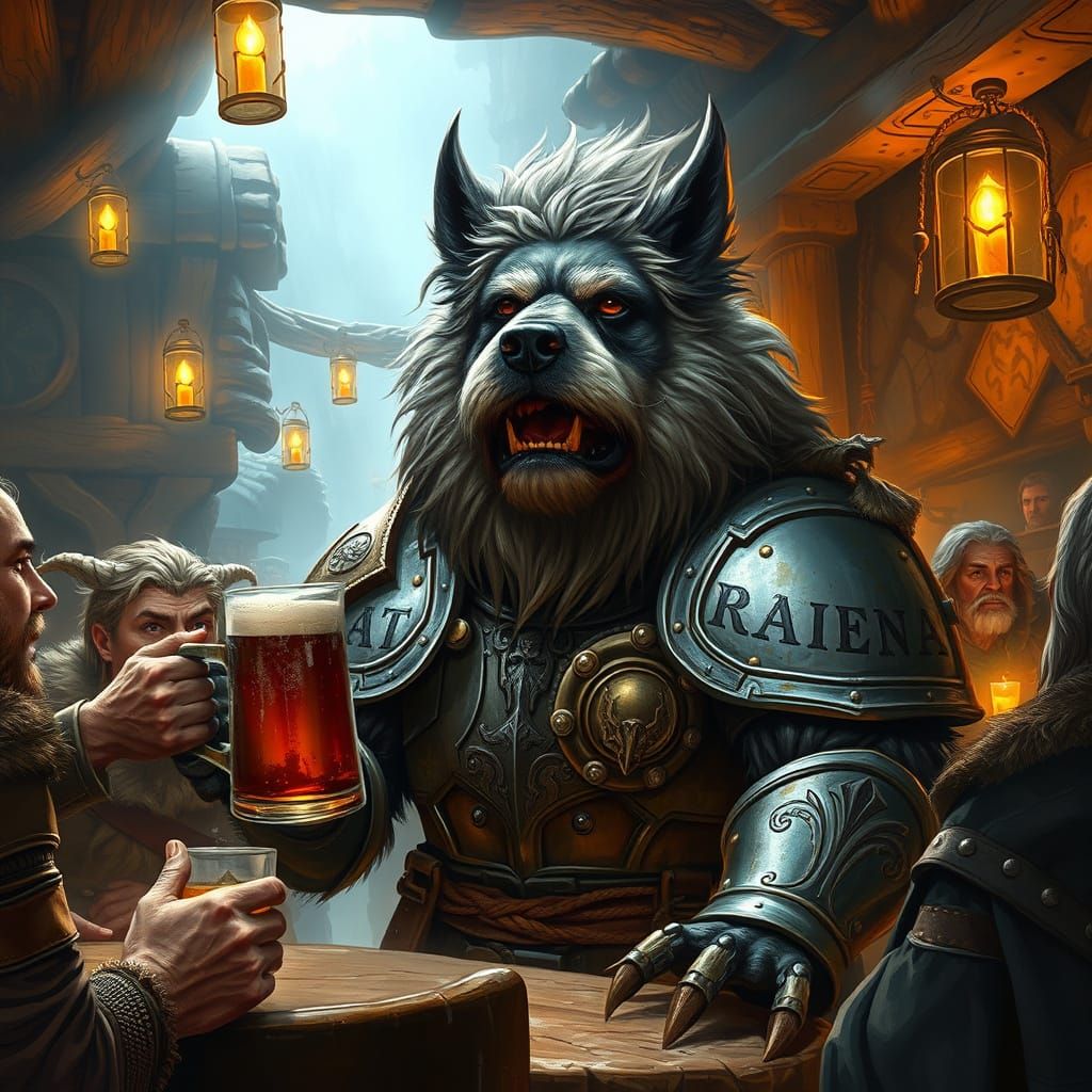 Armored Beer-Drinking Dog in Fantasy Tavern