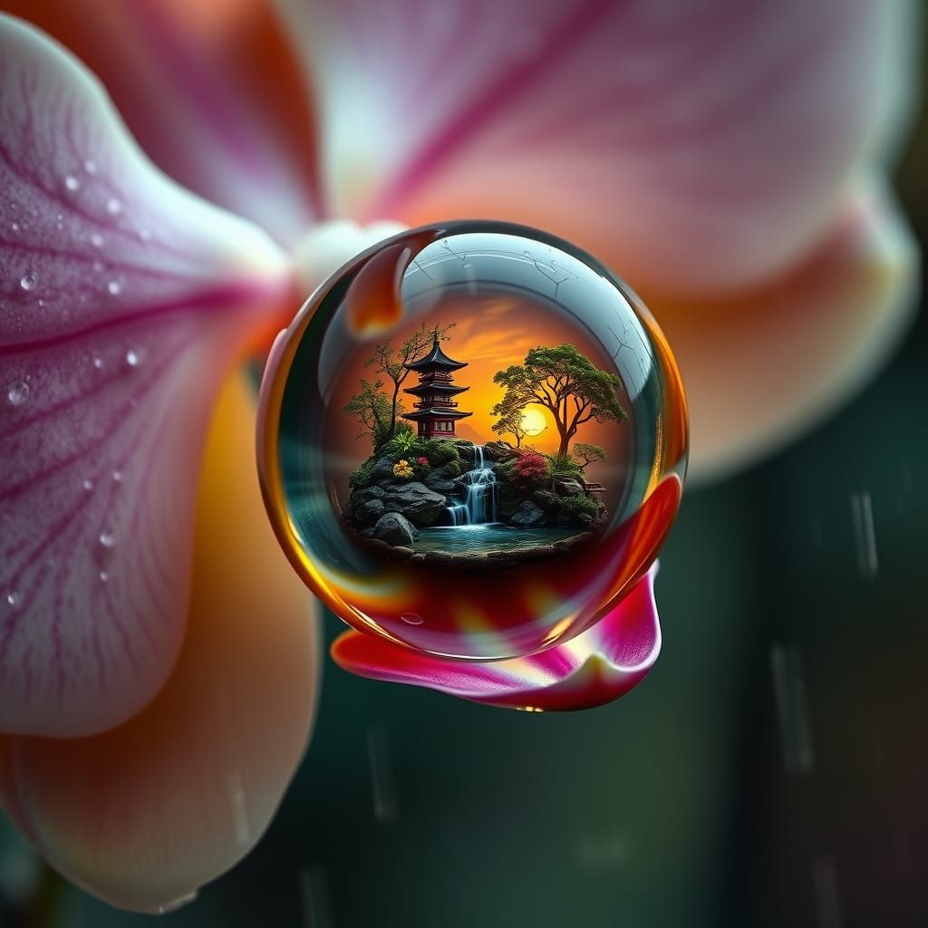Orchid Raindrop Reflects Miniature Japanese Garden
