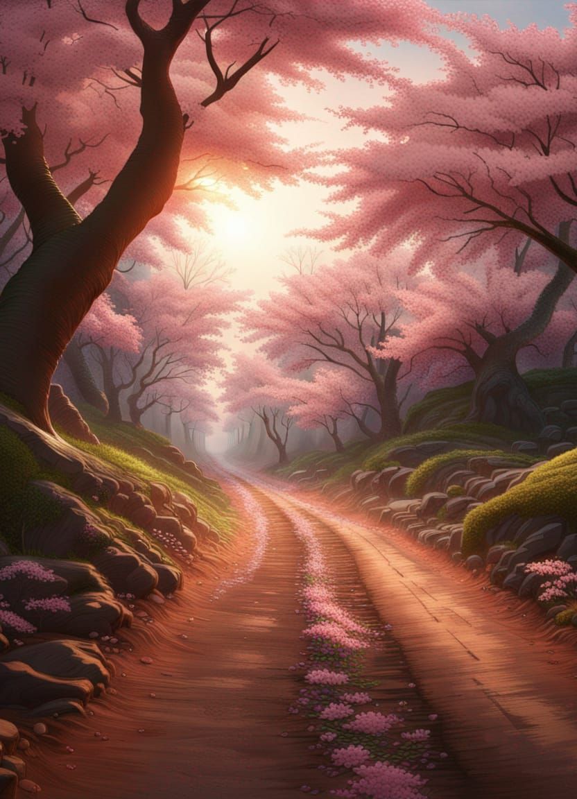Hyper-Realistic Cherry Blossom Forest Landscape at Sunrise