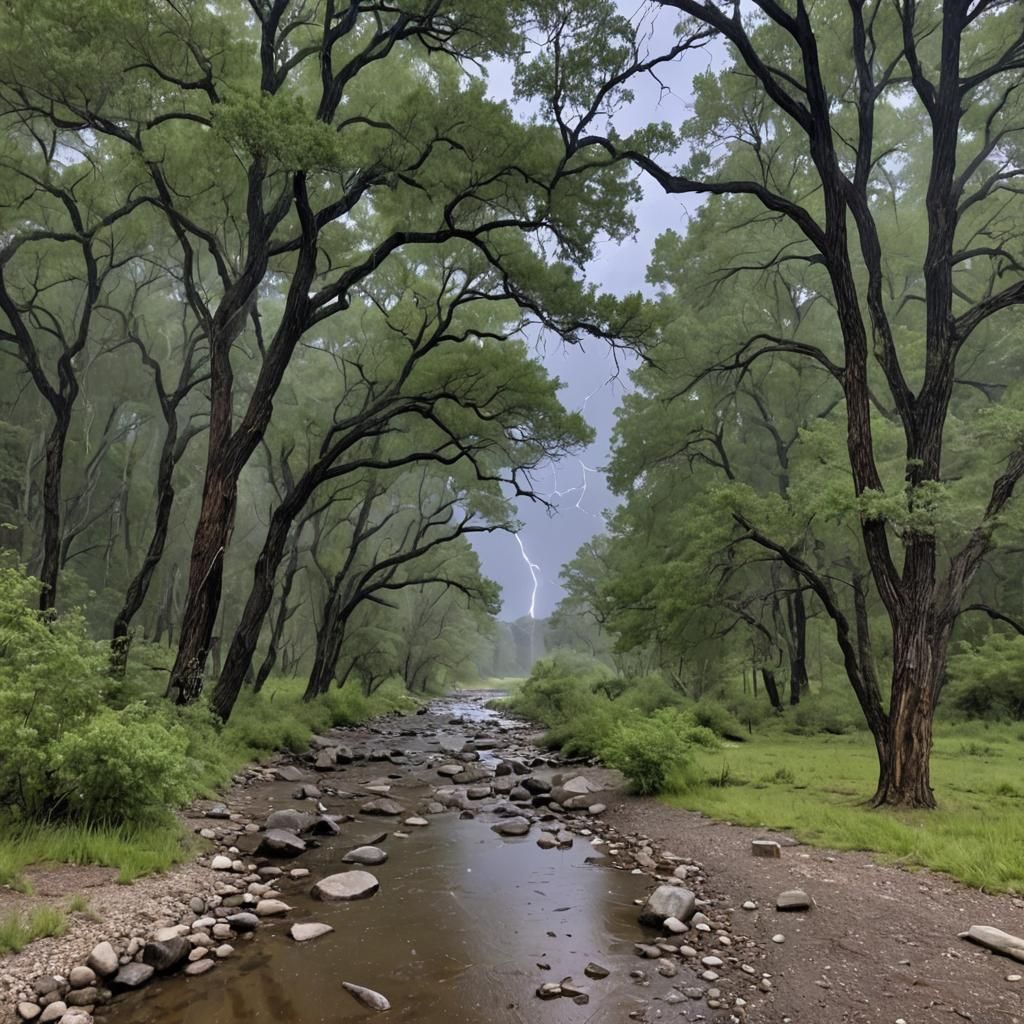 Lightening, rain, trees and a creek bed.