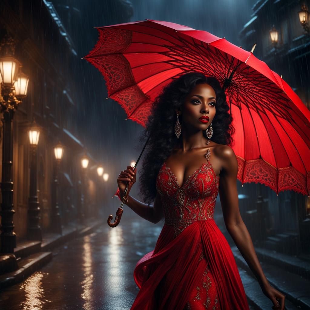 Woman with Red Umbrella in Sparkling Rain