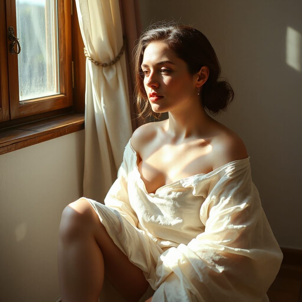 Serene Woman in Sunlight: Art Nouveau Inspired