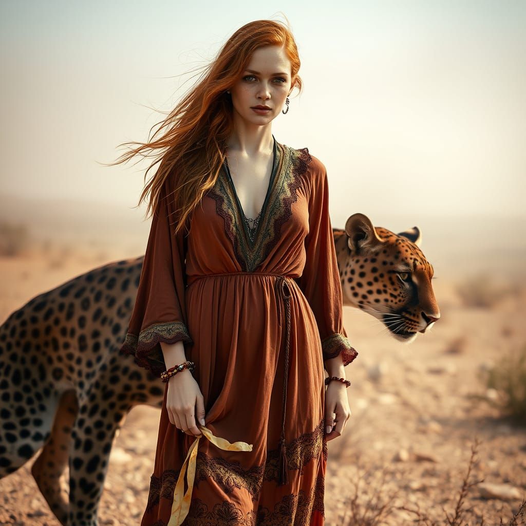 Ginger Goddess with Wild Panther in Enchanted Desert Landsca...