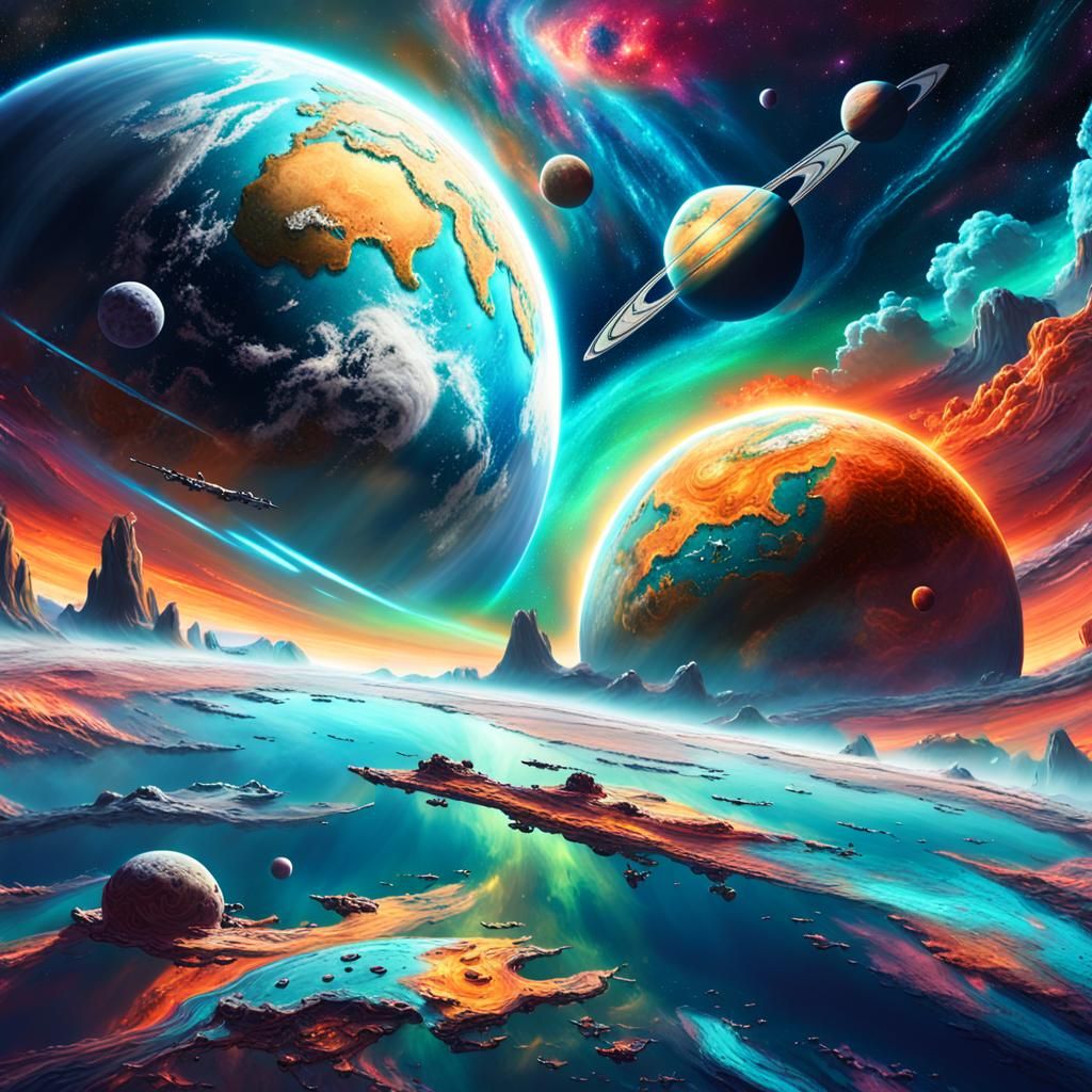 Vibrant Terrestrial Planet in Cosmic Oil Painting