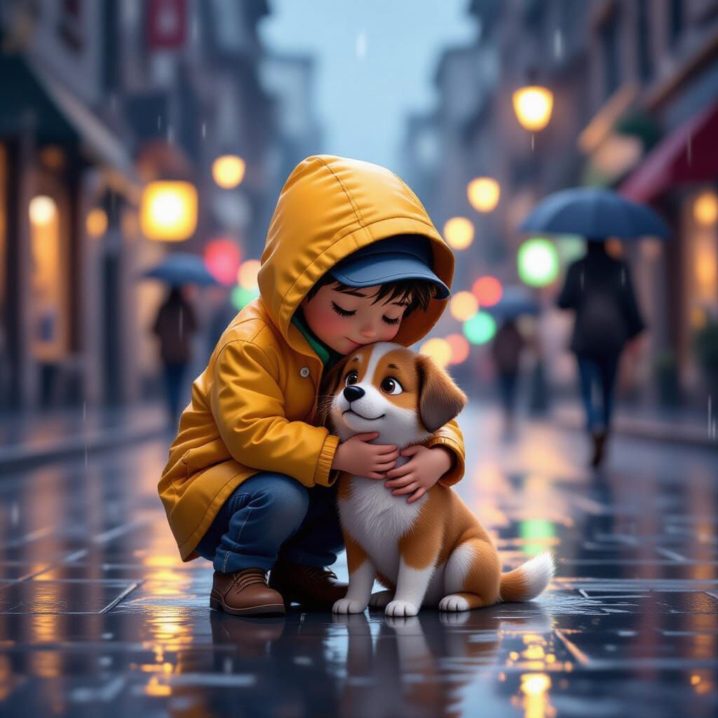 Child Shelters Dog on Rainy City Street in Pixar Style