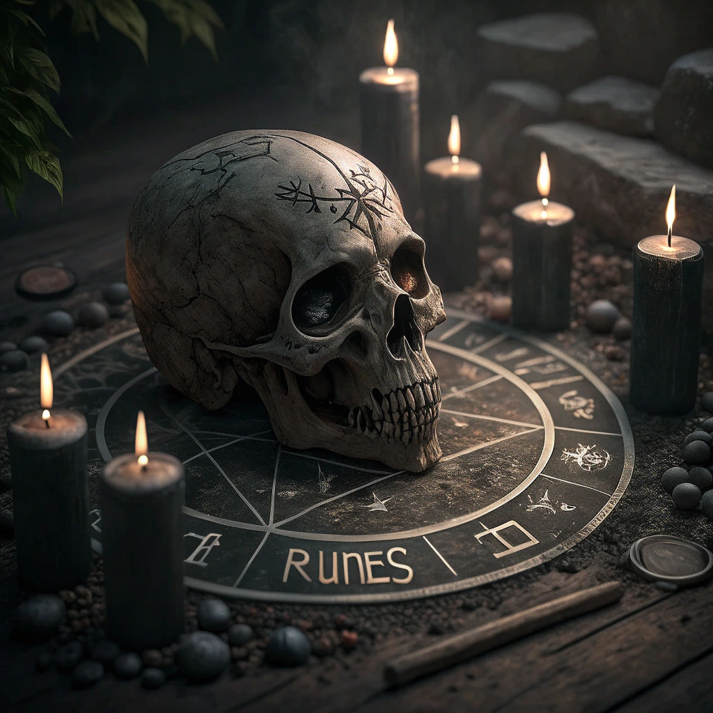 Runed Skull Surrounded by Black Candles