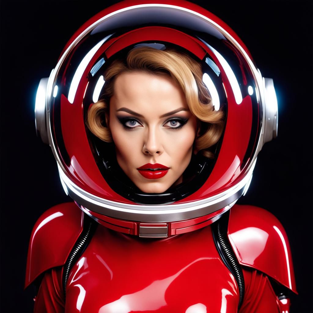 Kylie Minogue in a space suit and helmet