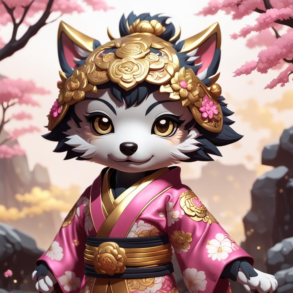 Chibi Wolf in Kimono: Detailed Fantasy Art