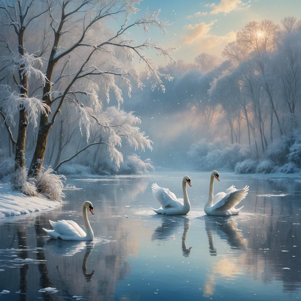 Swans on a Cold Lake as Impressionist Painting