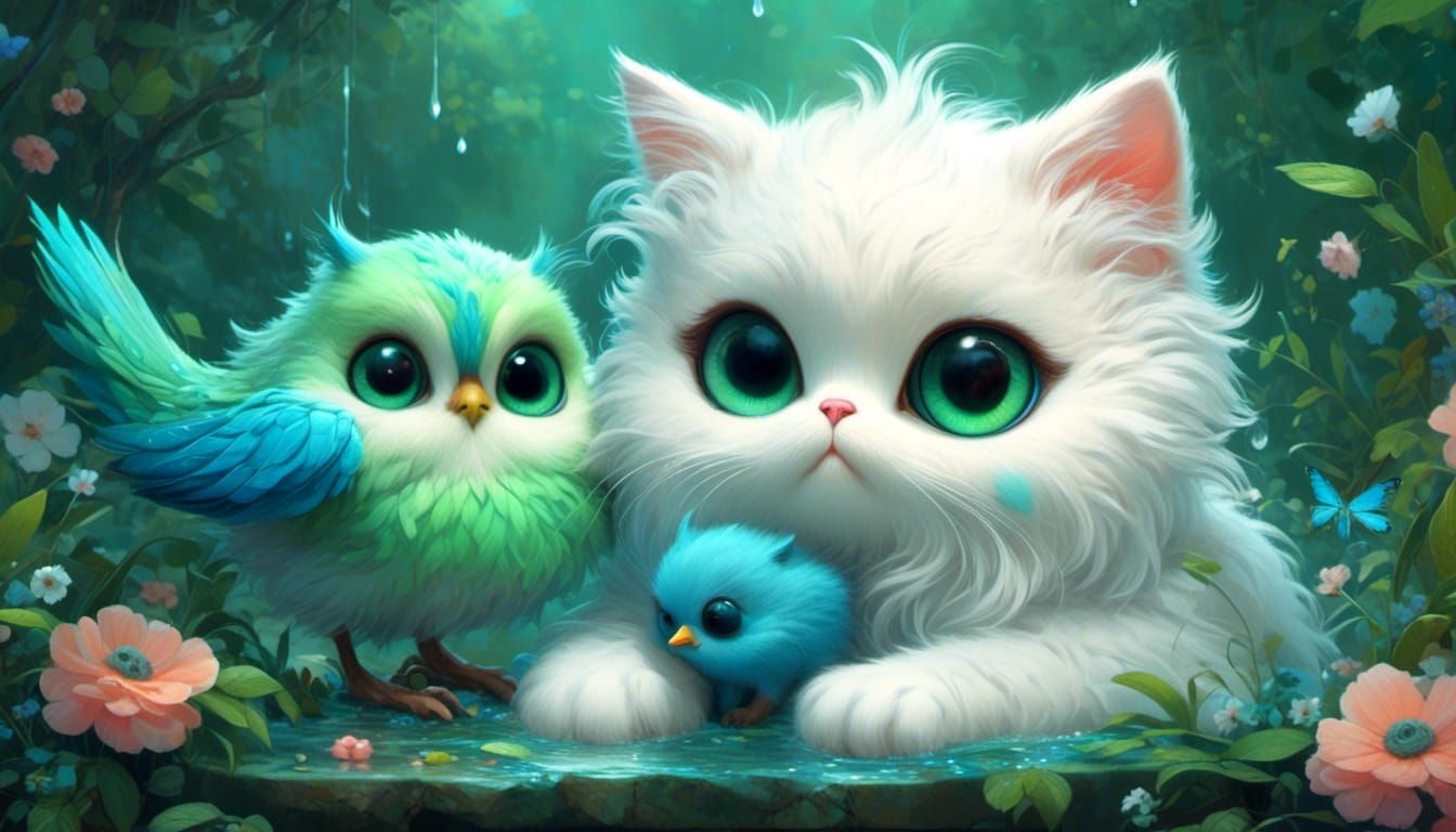 <lora:Ultra Cute:1.0> uper cute white chibi cat with green e...
