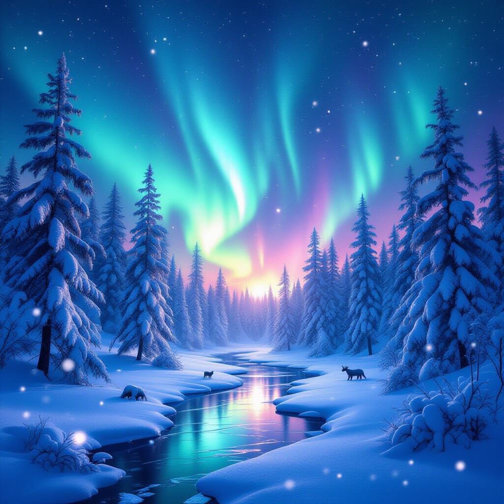 Enchanted Winter Forest Under Vivid Aurora Sky