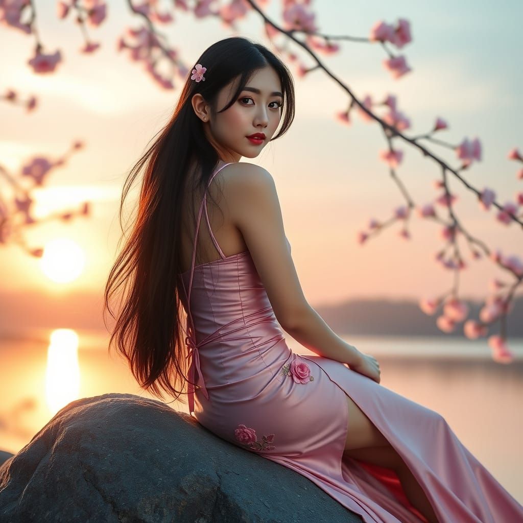 Korean Woman in Pink Dress by Cherry Blossoms