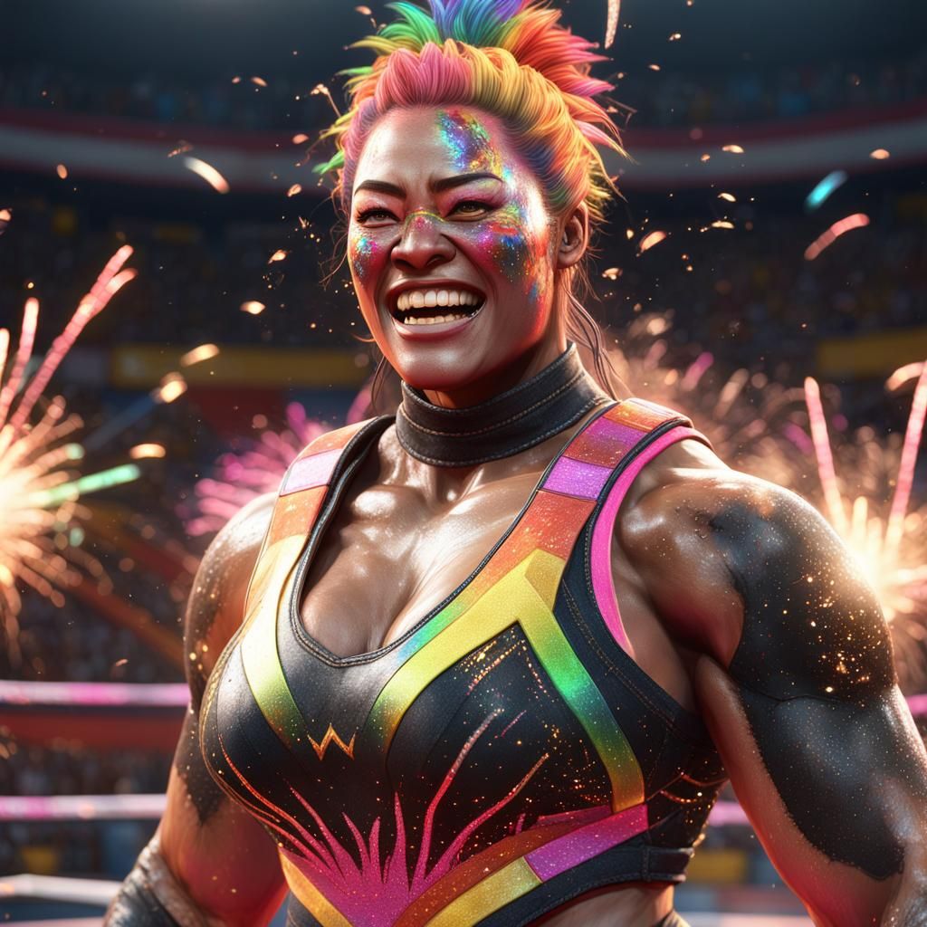 Athletic Woman Wrestler in Rainbow Fireworks Arena