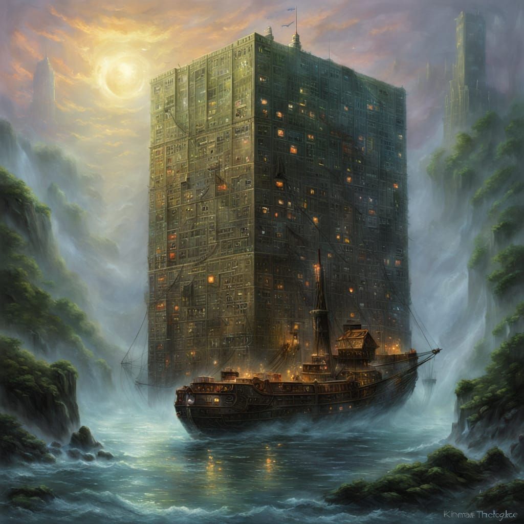 Ethereal Borg Cube Ship in Whimsical Fantasy Landscape
