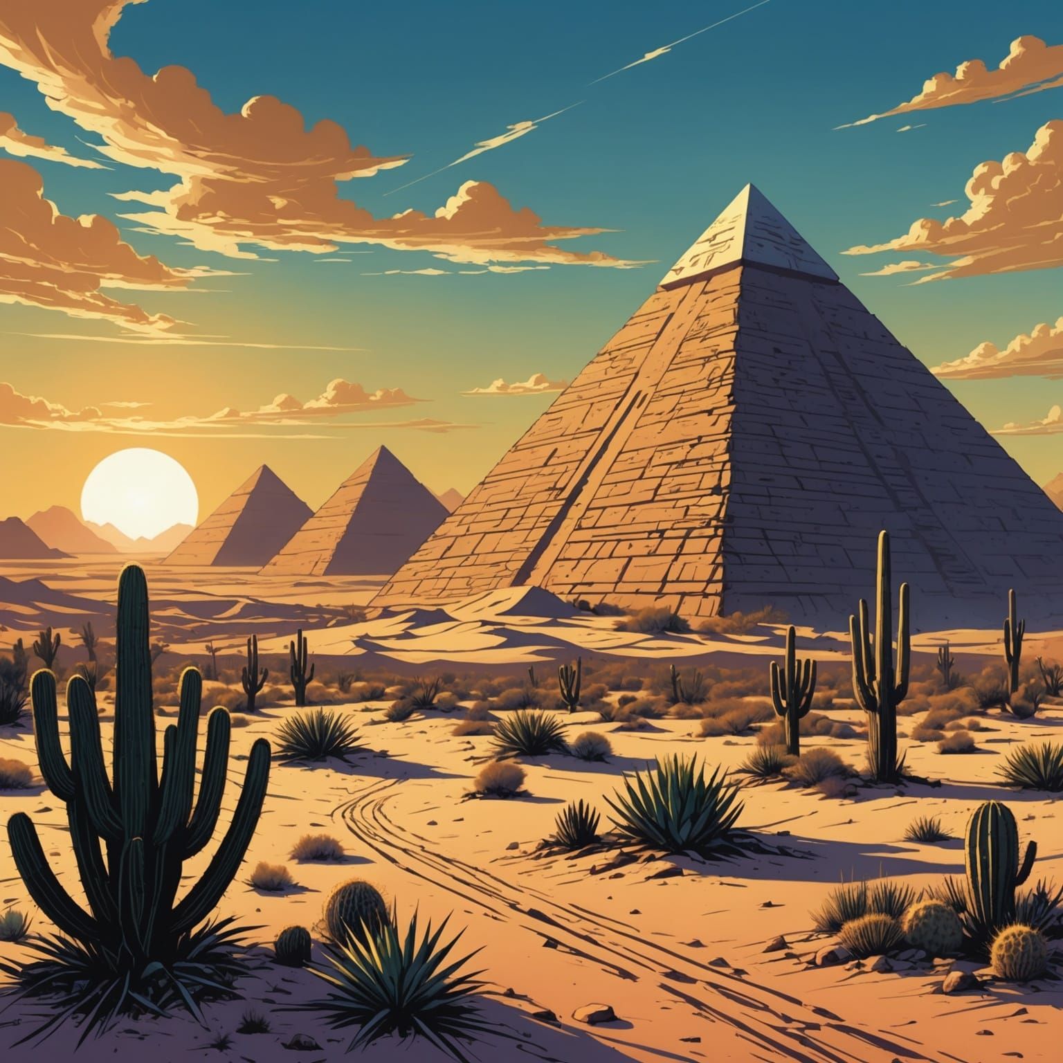 Desert Pyramid Landscape in Comic Book Style
