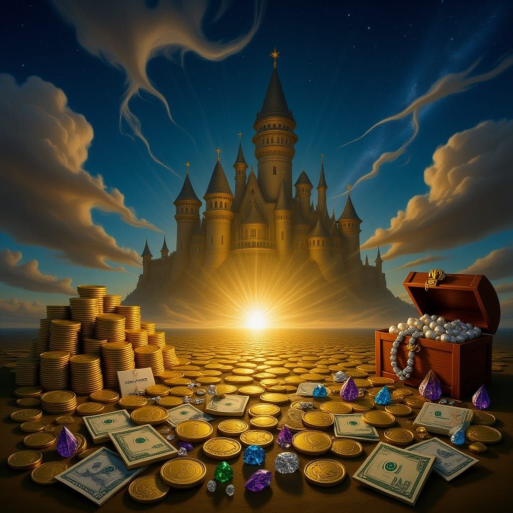 Majestic Floating Castle with Ethereal Light and Treasures