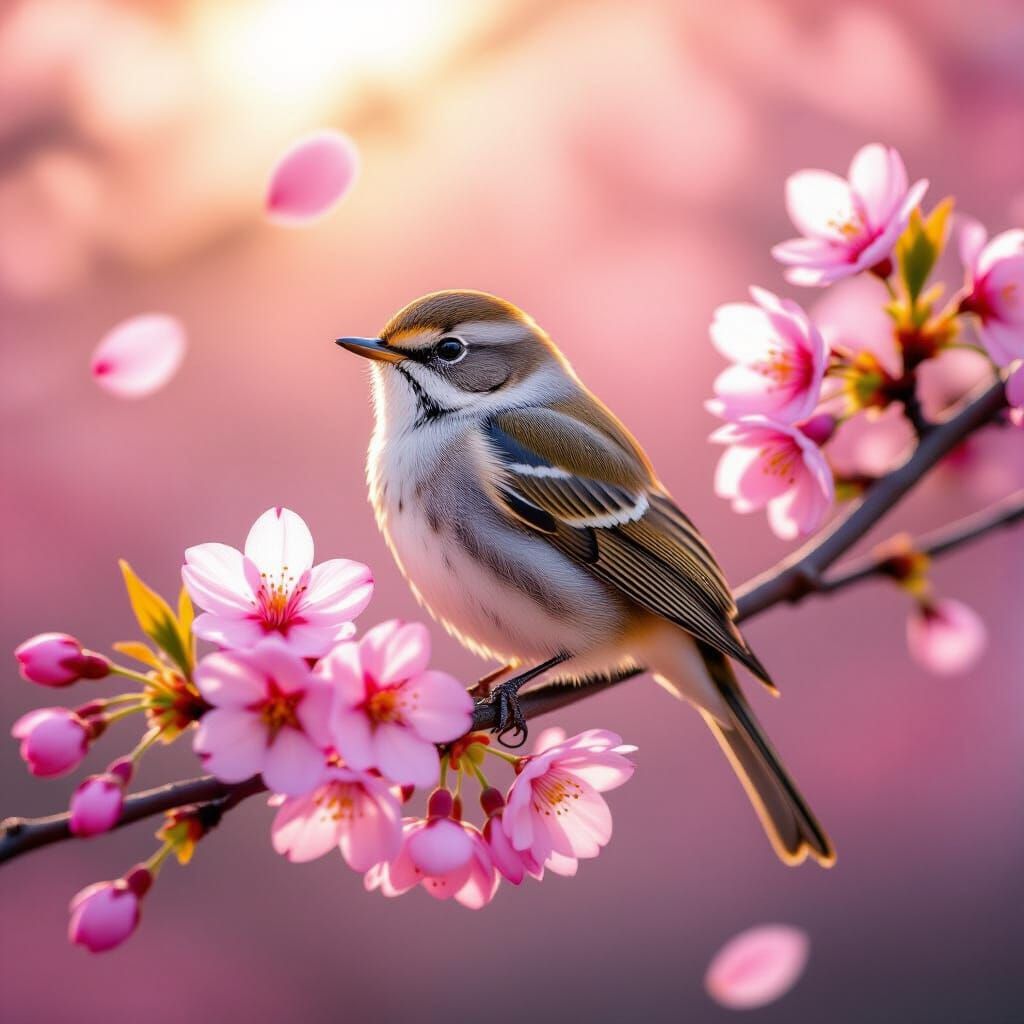 Realistic Nightingale on Cherry Blossom Branch at Golden Hou...