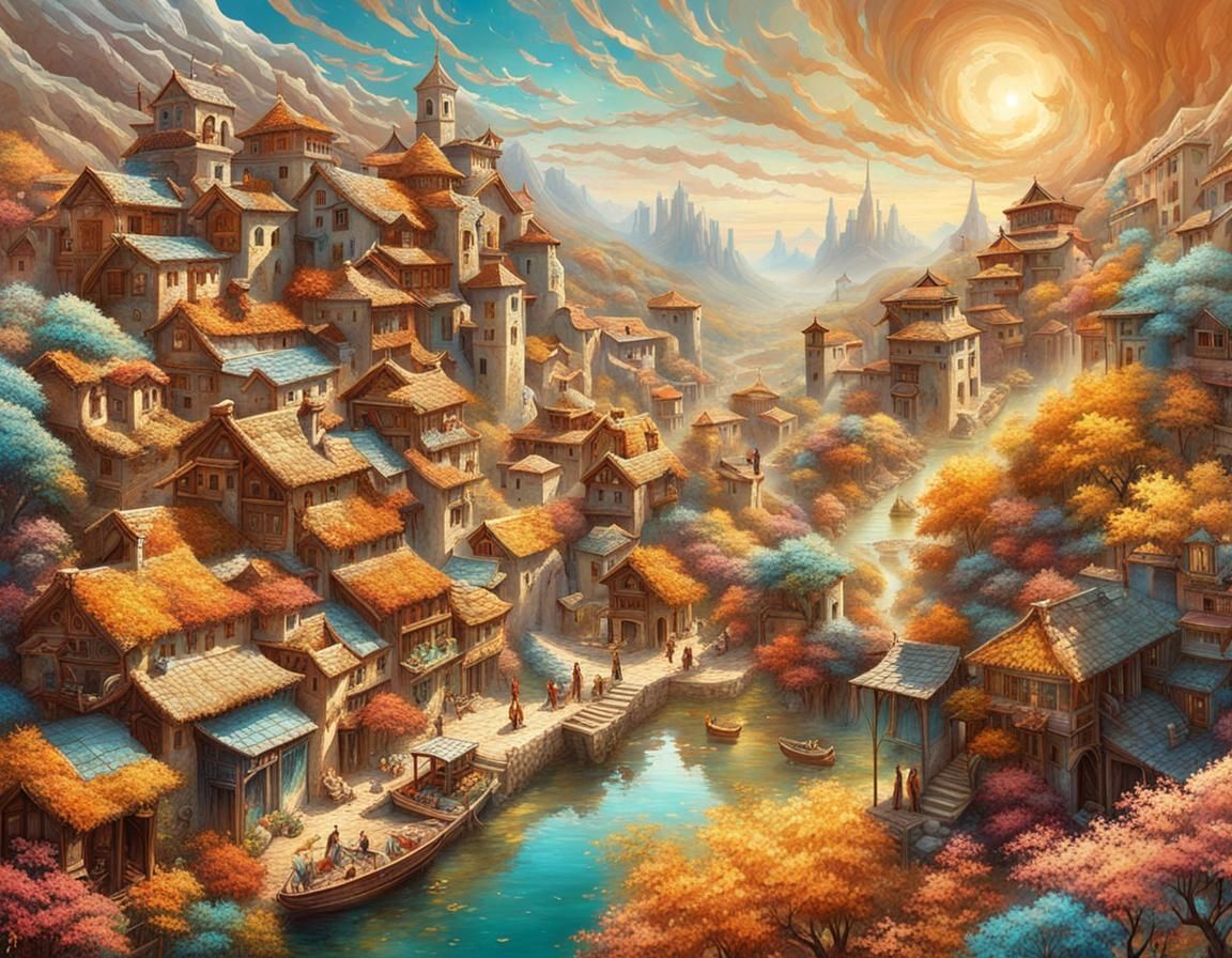 Vibrant Naive Art Village with Intricate Textures