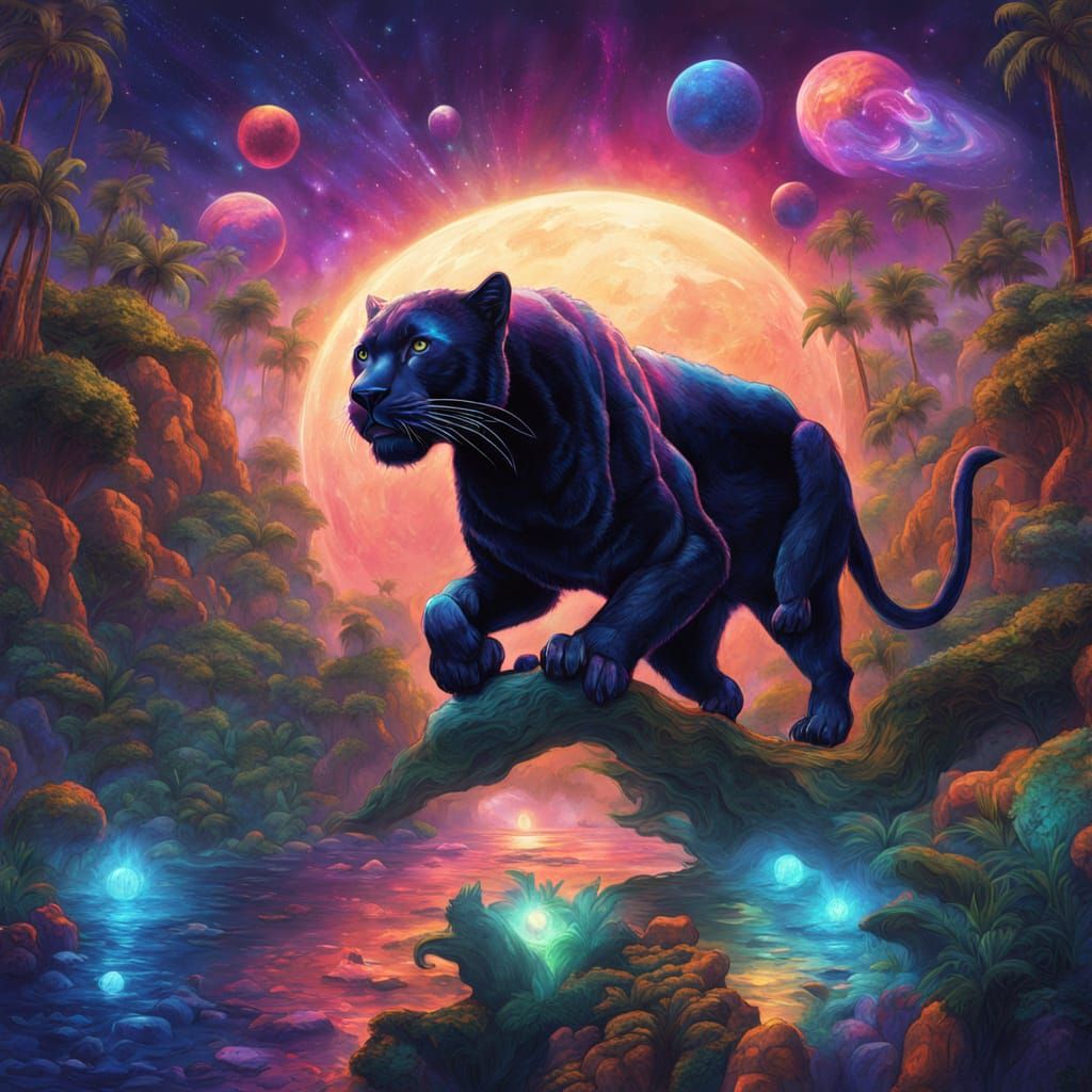 Panther Balances on Balloon in Cosmic Jungle