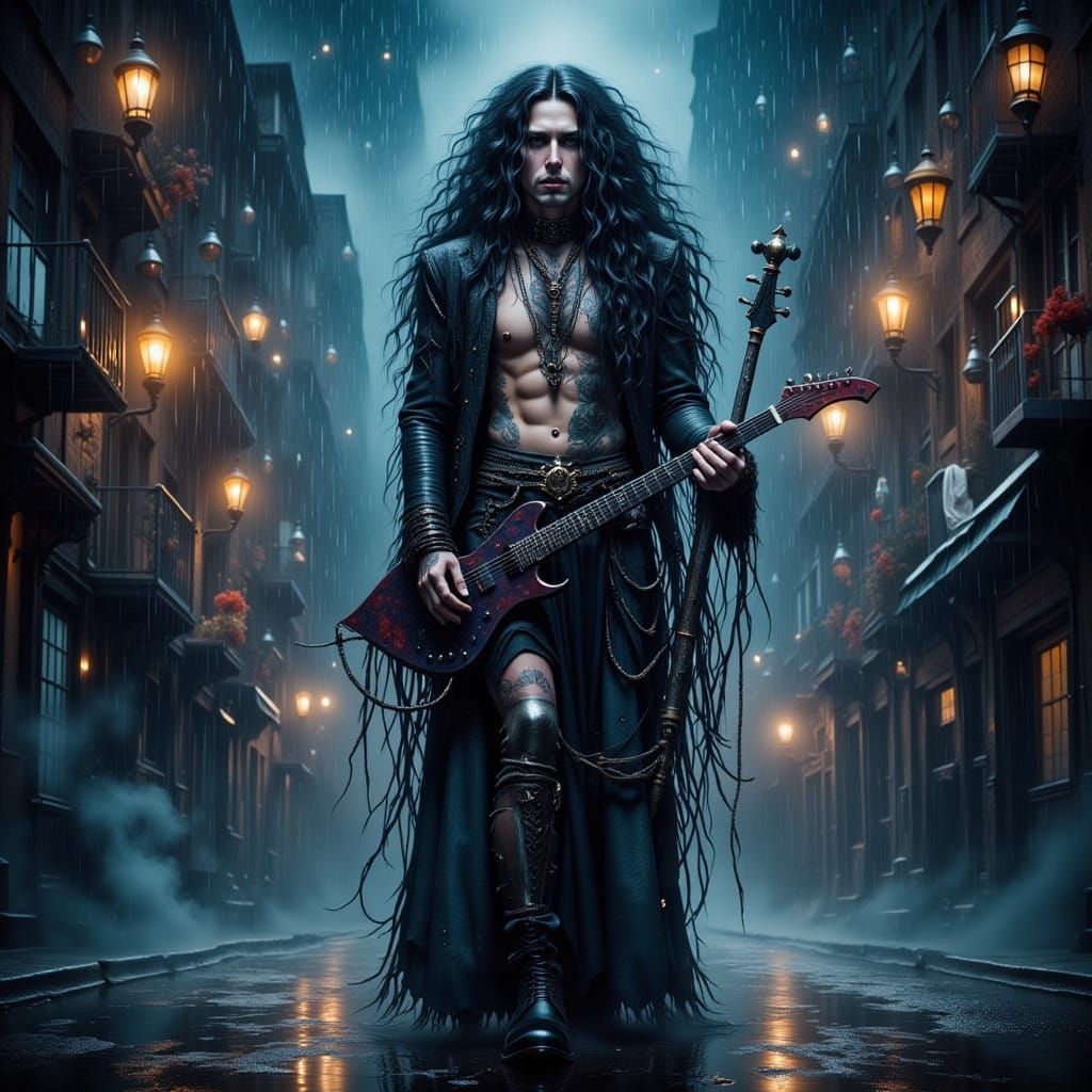 Melancholic Guitarist Plays on Rain-Soaked Street