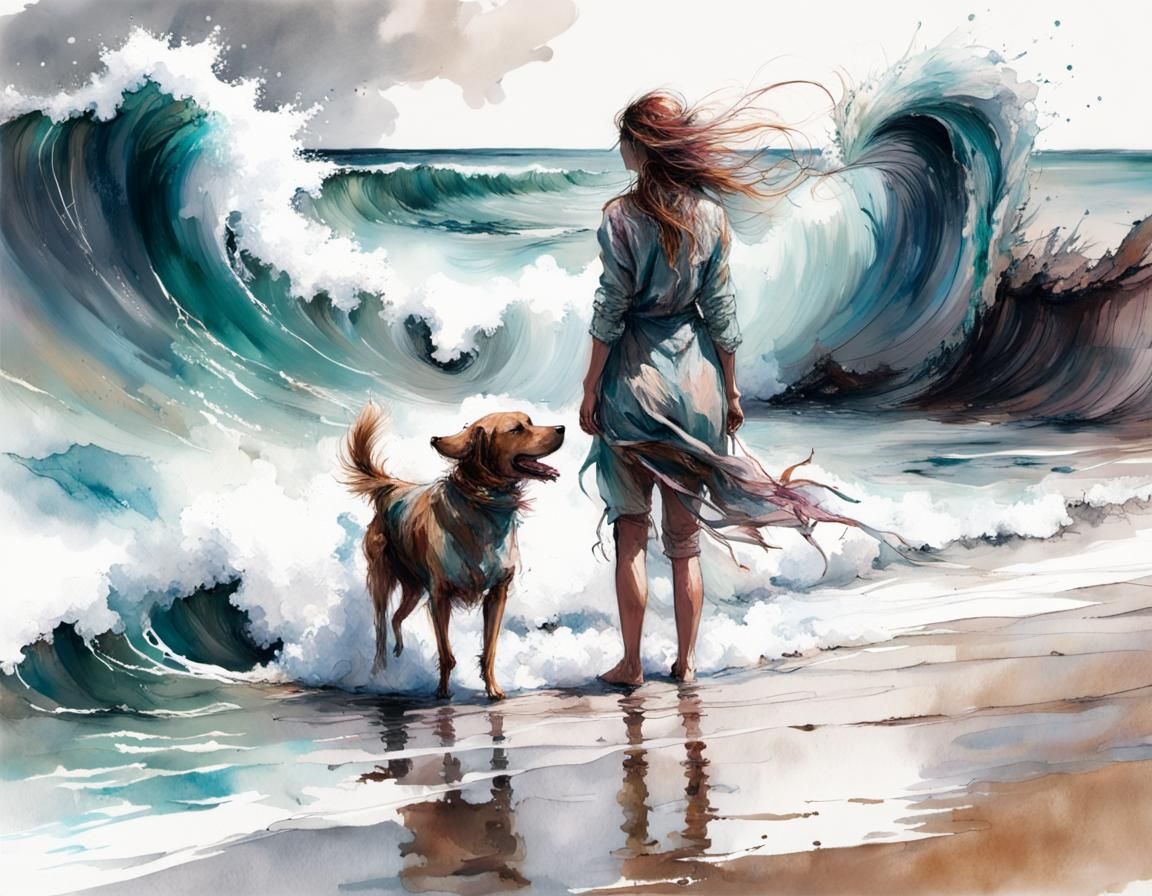 Woman and Dog About to be Engulfed by Wave