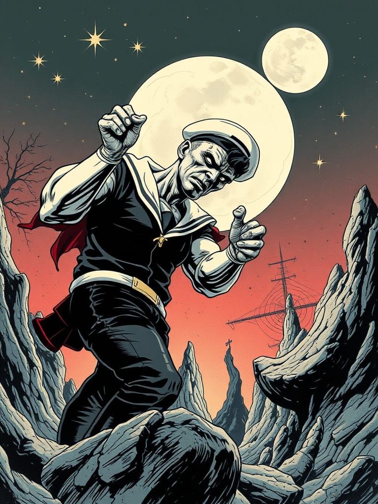 Sinister Futuristic Popeye in Gothic Sci-Fi Art