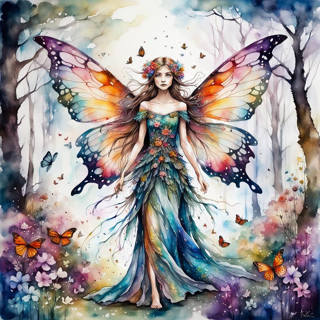 Whimsical Fairy Amidst a Vibrant Floral Wonderland in Waterc...