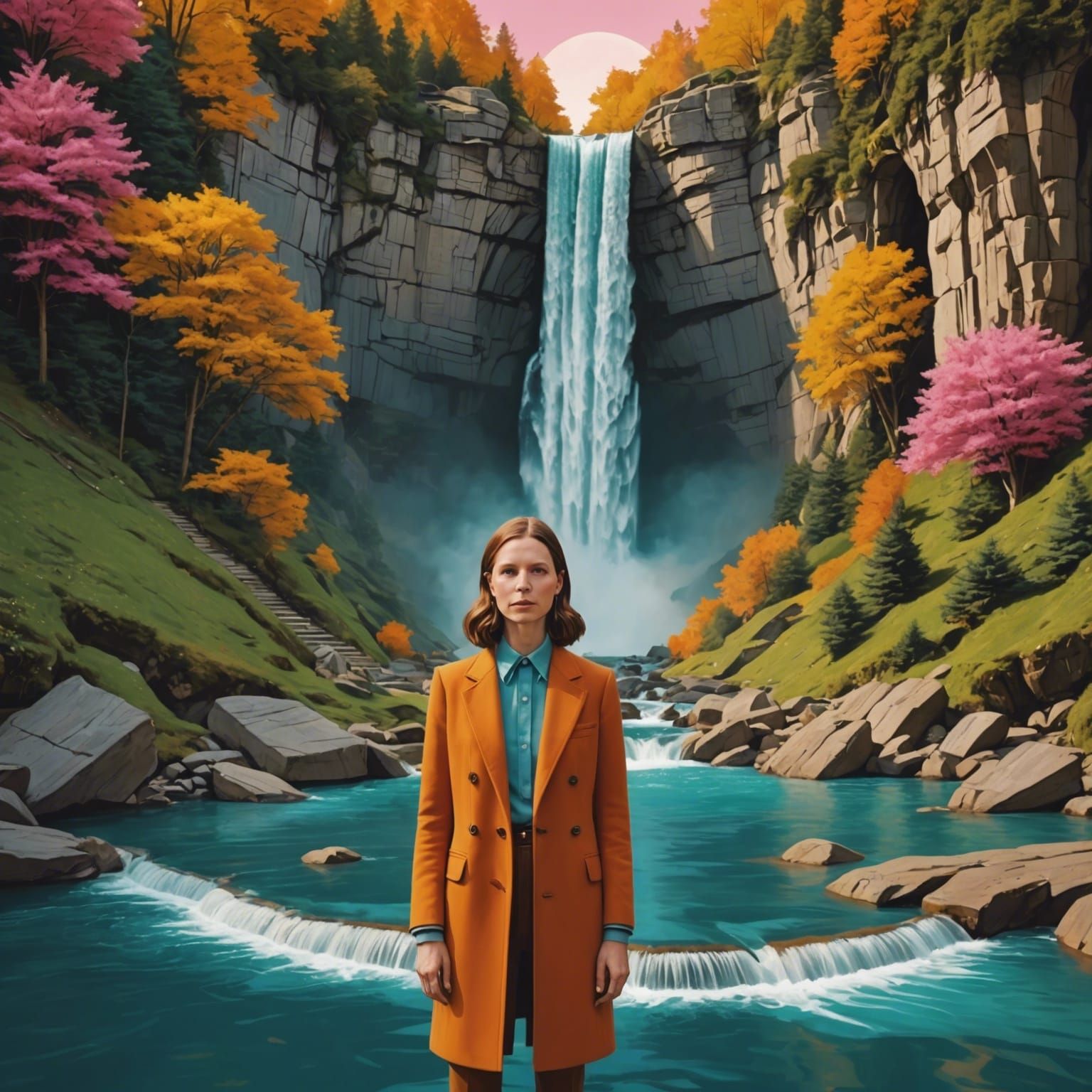 Anamorphic Waterfall Scene in Wes Anderson Style